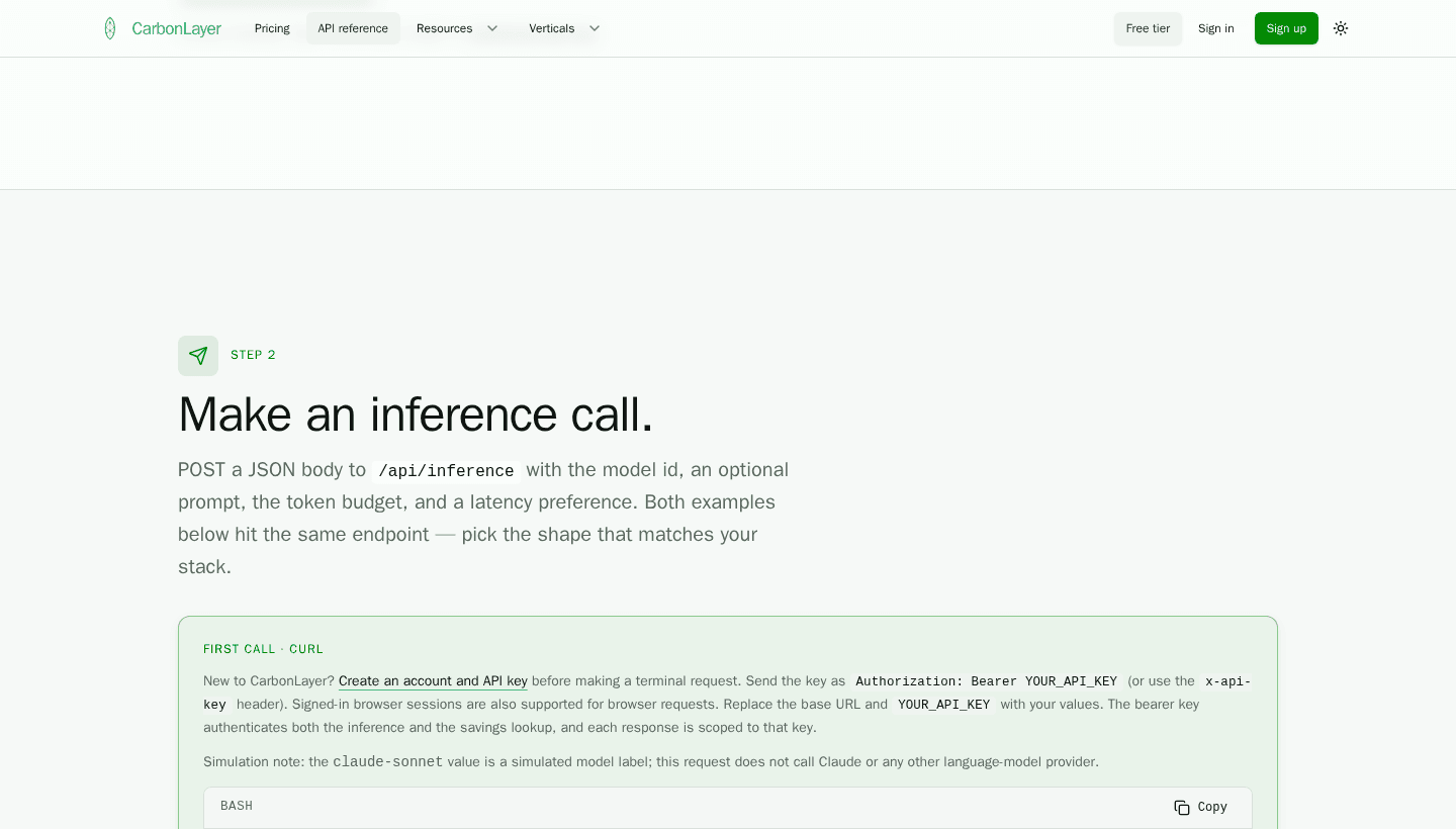 CarbonLayer API documentation showing the inference request and simulation disclosure