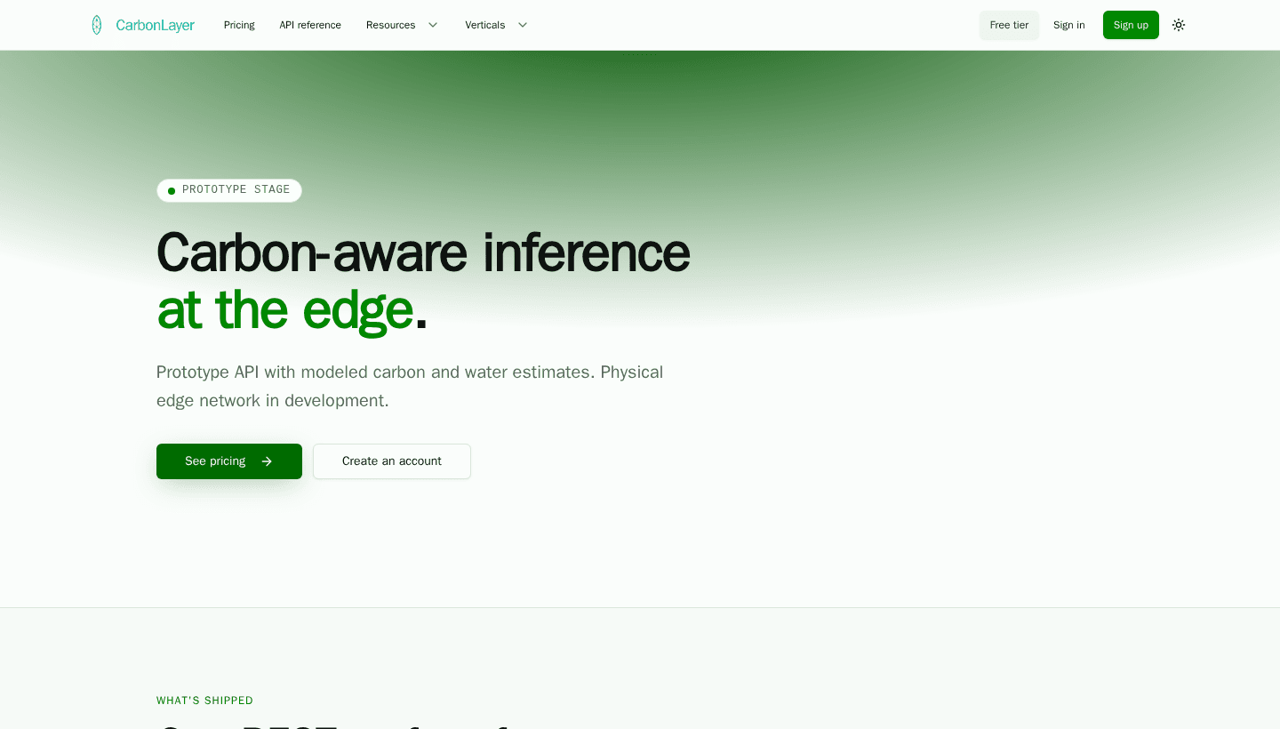 CarbonLayer homepage showing its prototype-stage disclosure and signup actions