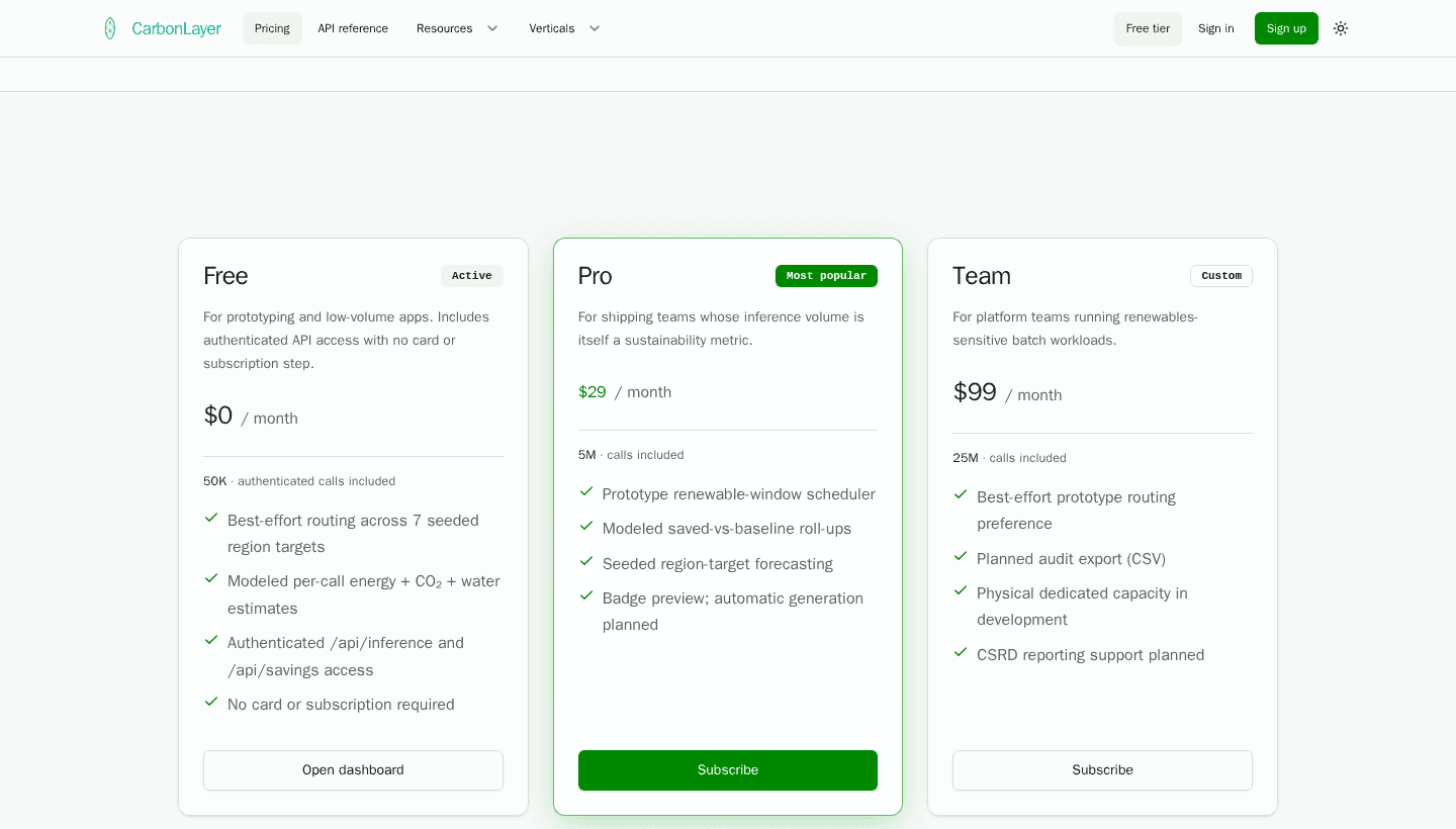 CarbonLayer pricing page describing the Free, Pro, and Team plans